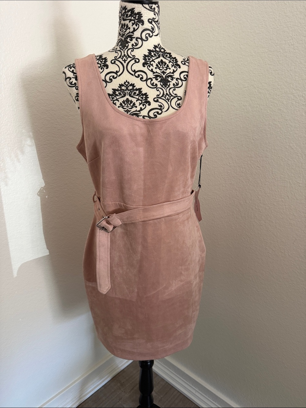 Haute Monde Sleeveless Suede Tank Dress with Belt - Dusty Rose size XL